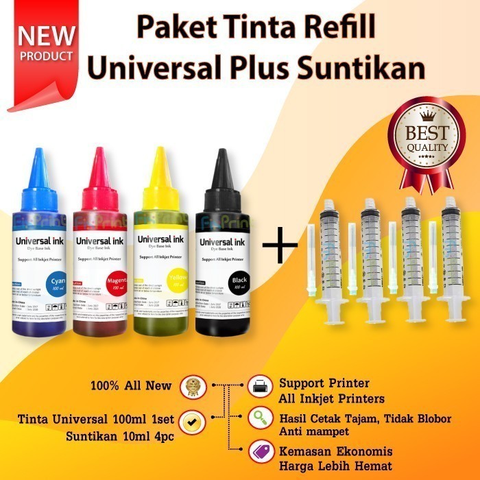 Tinta Printer HP,Canon Universal Plus Suntikan 10 CC Tinta Refill Cartridge 100ml + Spuit 10ml