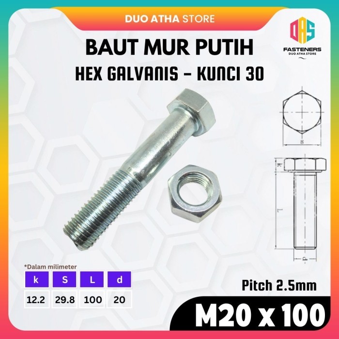 BMP M20x100 Baut Mur Putih M20 x 100 Galvanis Kunci 30