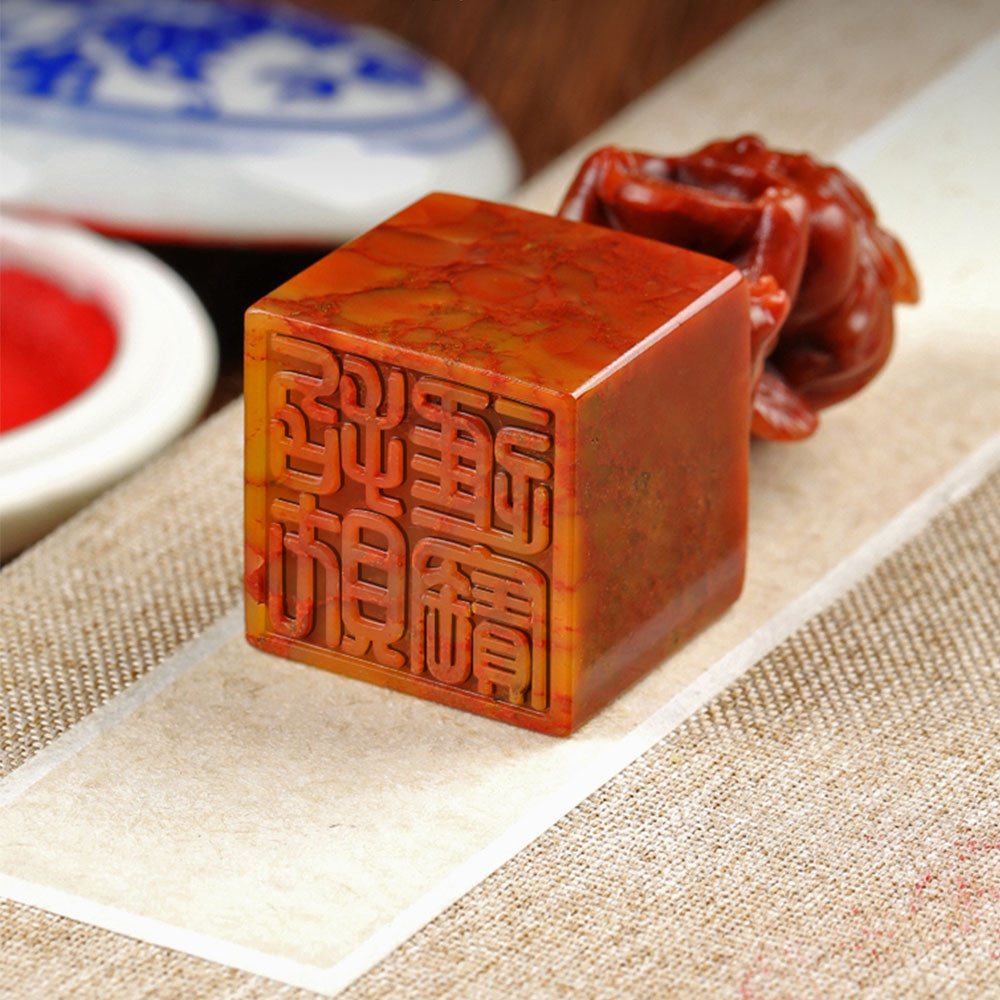 

Red Stone Name Stamp With Inkpad Seal Box Gift Package Calligraphy Painting Signature Custom Chop 25mm Square Dragon Stamps
