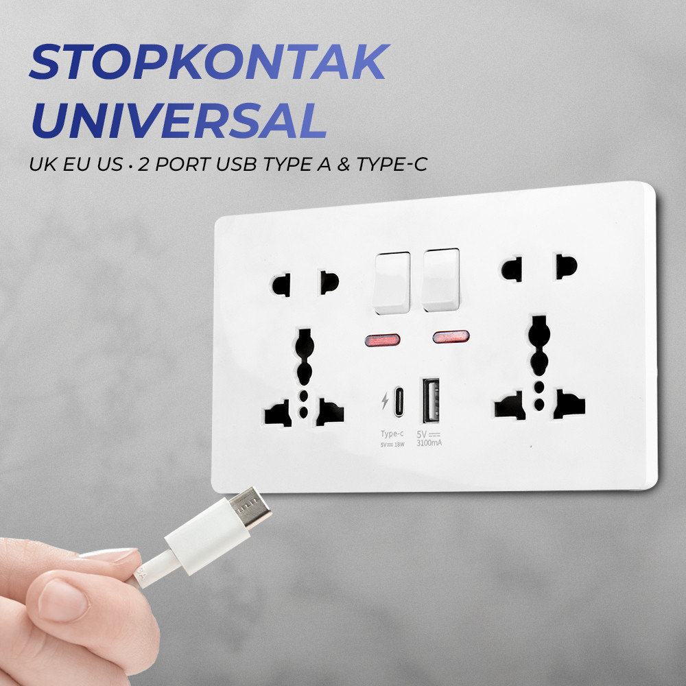 

Delviz Stopkontak Universal UK EU US 2 Port USB Type-C with Switch - DZE412 TERLARIS