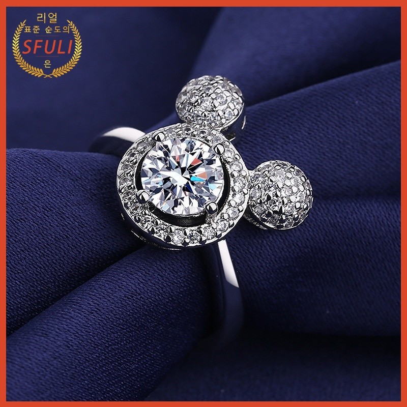 Cincin Moissanite Emas Putih 18k 1 Karat Cincin Wanita Cincin Mickey Lucu