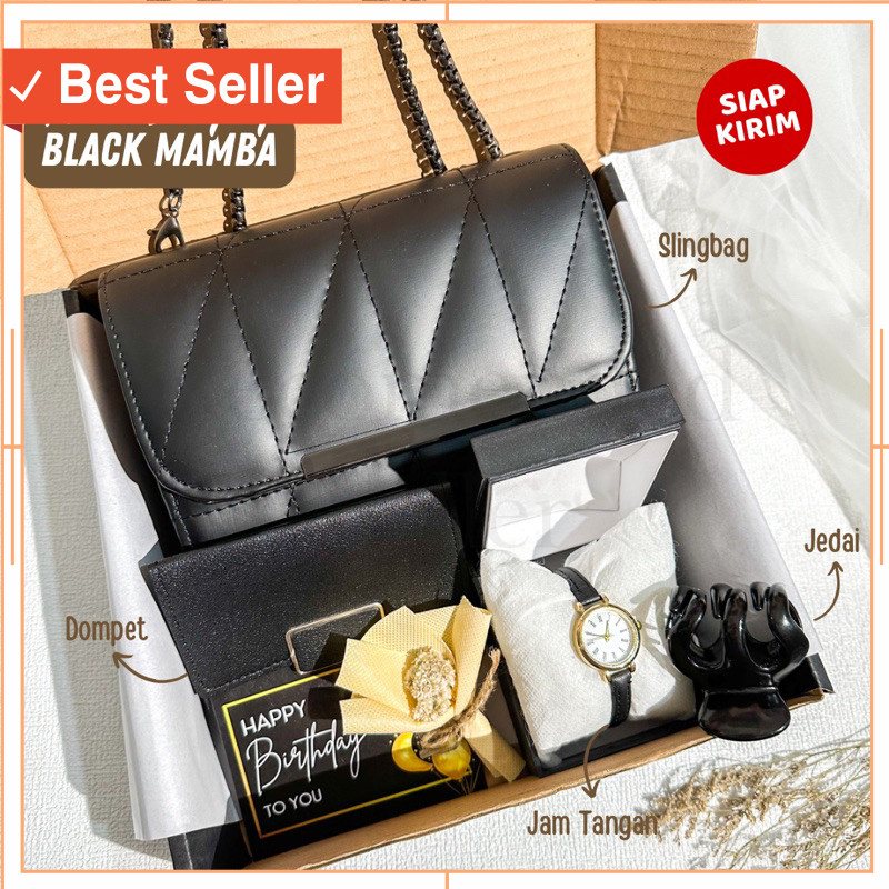

Souvenir Wisuda Semprotulation Anniversary Pernikahan Lucu Unik KReatif / - Kado Cewek Mamba Black Edition | Gift Box Slingbag | Hampers Ultah Wisuda Anniversary