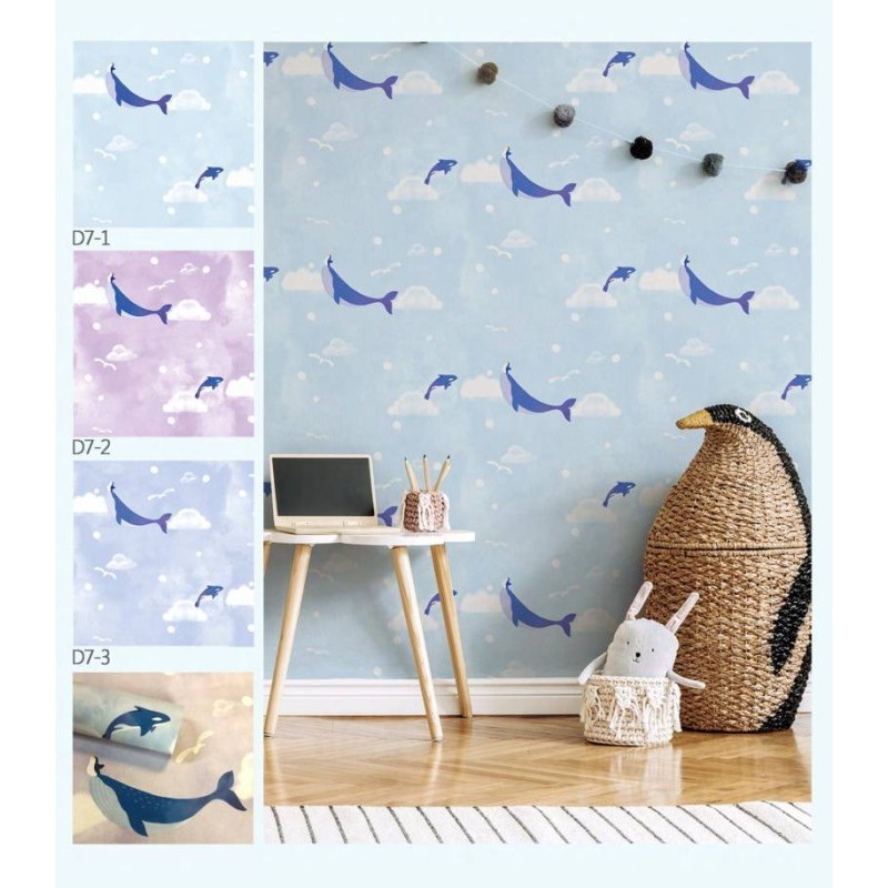 Wallpaper Dinding vinyl anak motif ikan warna biru ungu premium 10m