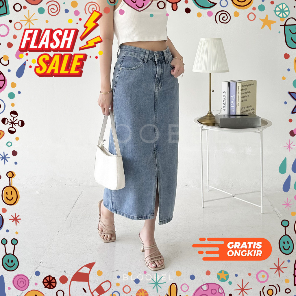 MEGASALE / Bloobel - Adele Jeans Skirt (ROK045) Midi Skirt Jeans Rok Jeans Wanita Rok Denim Bawahan 