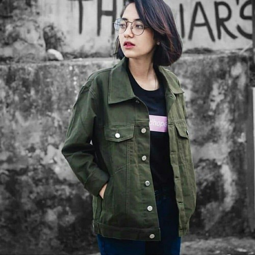Jaket Jeans Boyfriend / Jaket Jeans Oversize Cewe - Jaket Jeans BIG SIZE Wanita - Hijau Army - JAKET