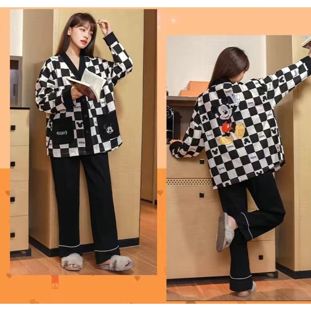 Baju tidur piyama pp import lengan panjang celana panjang bahan kaos prisket SETELAN SETCEL ONESET S