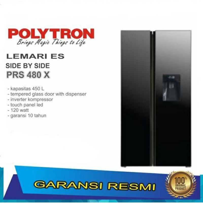 POLYTRON Kulkas 2 Pintu Kaca PRS480 Kulkas Polytron Side By Side 2 Pintu PRS 480X With Dispenser