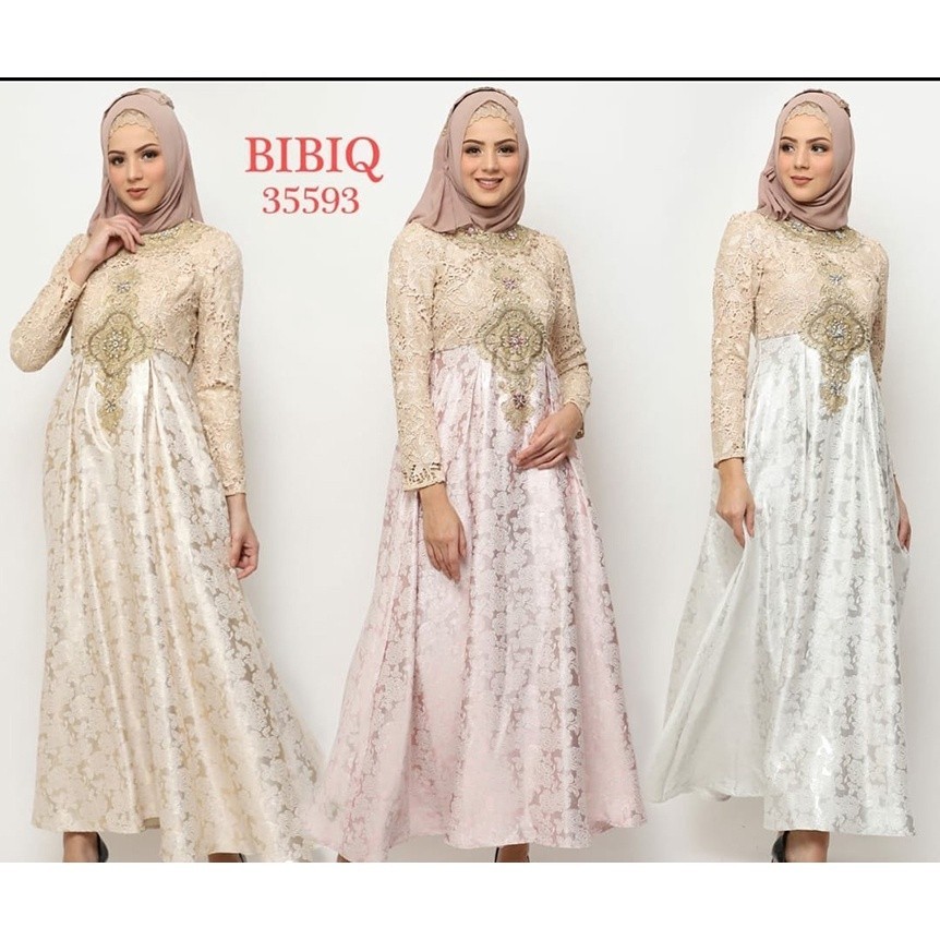 Bisa(COD) Original Gamis Pesta Baju Muslim Mewah BIBIQ Terbaru Bahan JACQUARD BROKAT 35593