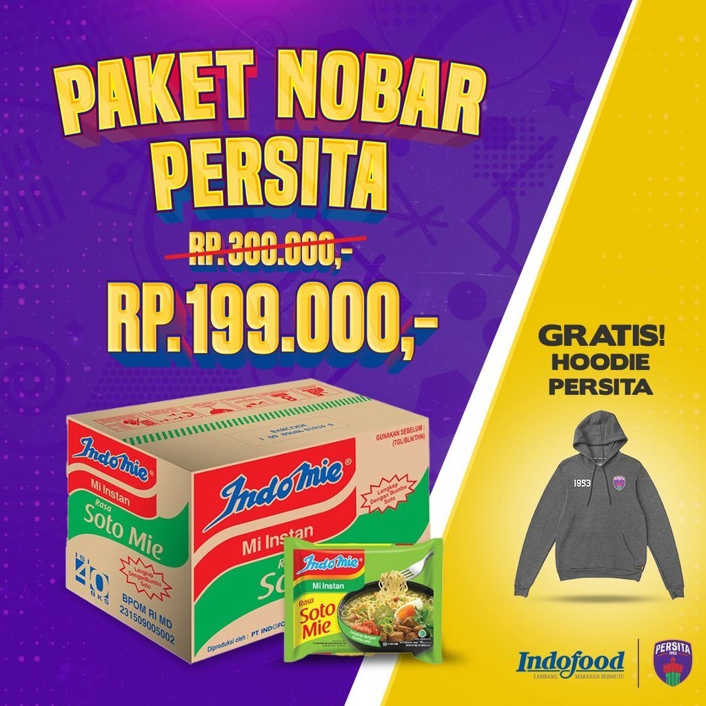 

Paket Nobar Persita - Indomie Soto Mie [ 1 Karton] Free Hoodie Persita