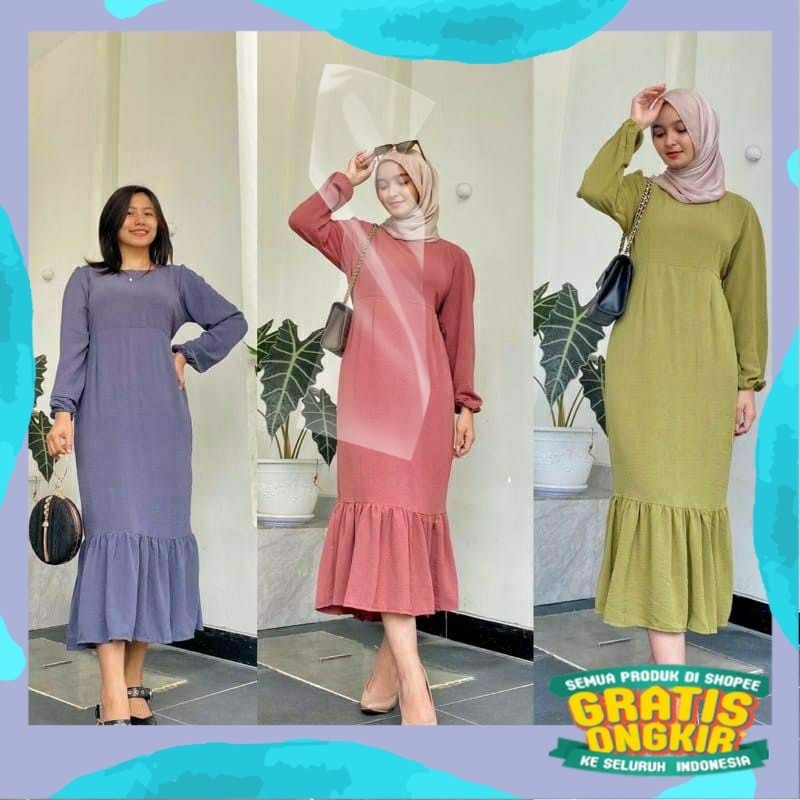 Siskania Midi Dress Kekinian Rempel Bawah Crinkle Ariflow Gamis Wanita Long Tunik Terbaru Korean Sty