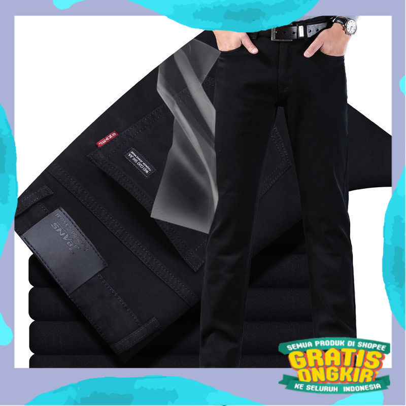 Celana Panjang Celana Jeans Pria slim fit Bahan tipis bernapas Kantor Santai Sehari-hari Hitam Polos