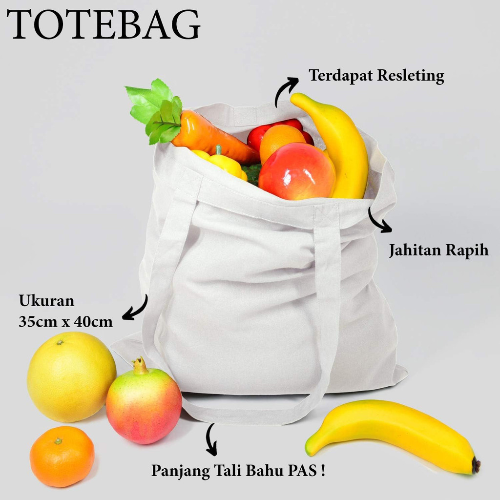 Tas Tote Bag Totebag Resleting PUTIH Polos Tas Totebag Pria Wanita Bahan Drill Halus Ukuran 35x40