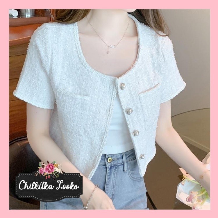 CHILKITKA LOOKS KOREAN FASHION STYLE NJ MINJI Tweed Outer Jacquard Elegant Korea Crop Blazer Impor C