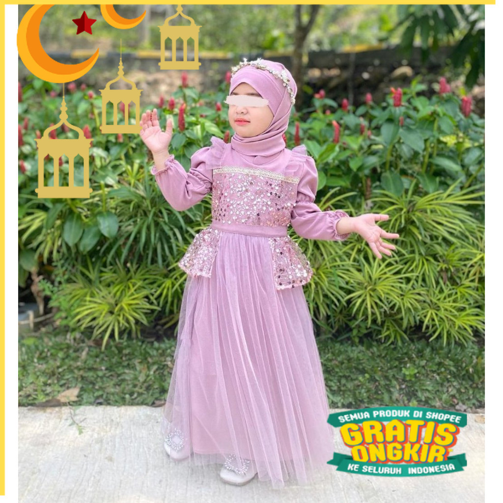 Gamis barbie/Baju brokat anak Perempuan/Gaun pesta anak plus hijab/Gamis anak tangan balon/set gaun 