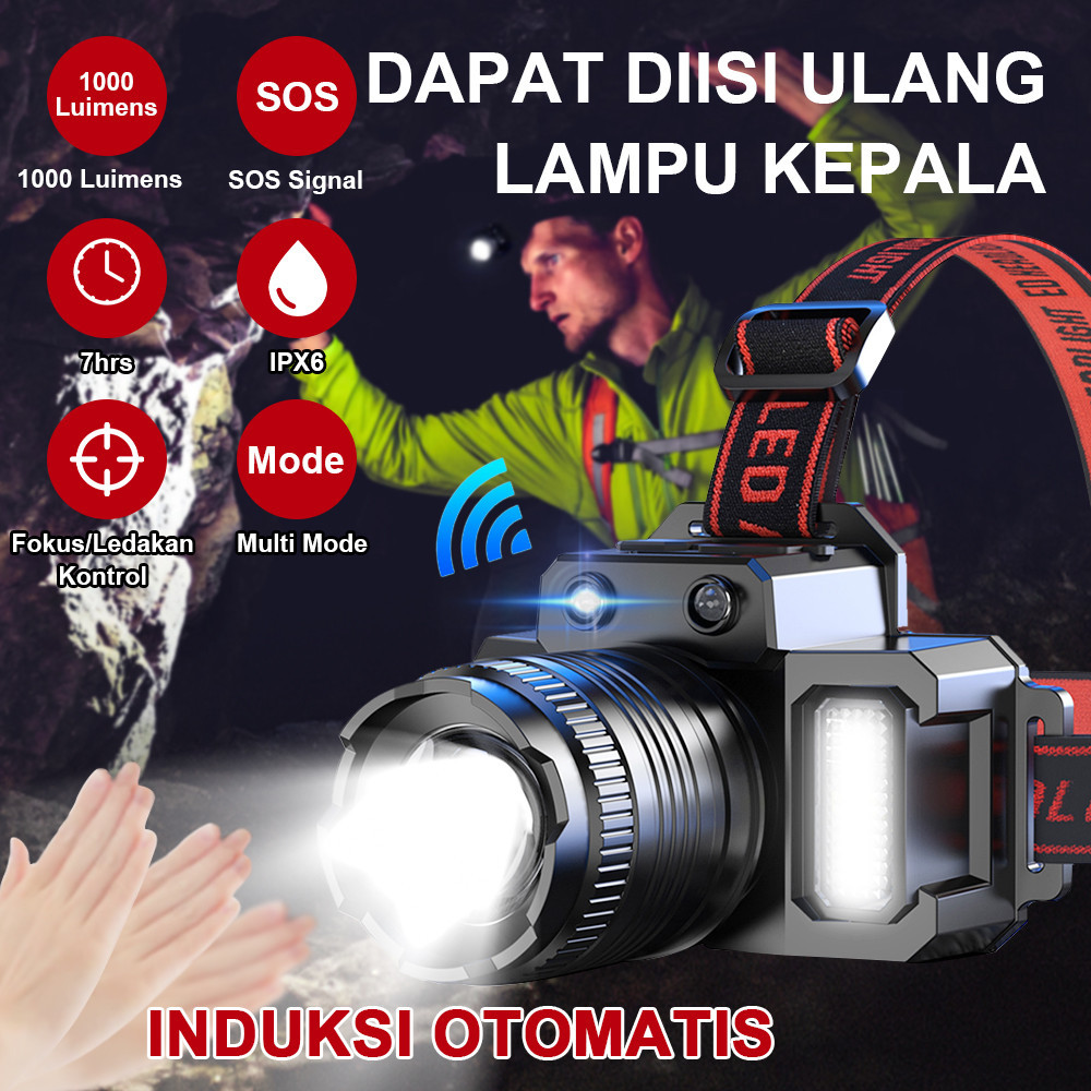 Headlamp Senter Kepala LED Super Terang 5000 Lumen dengan Sensor Tangan USB Charging Senter T8 Zoom 