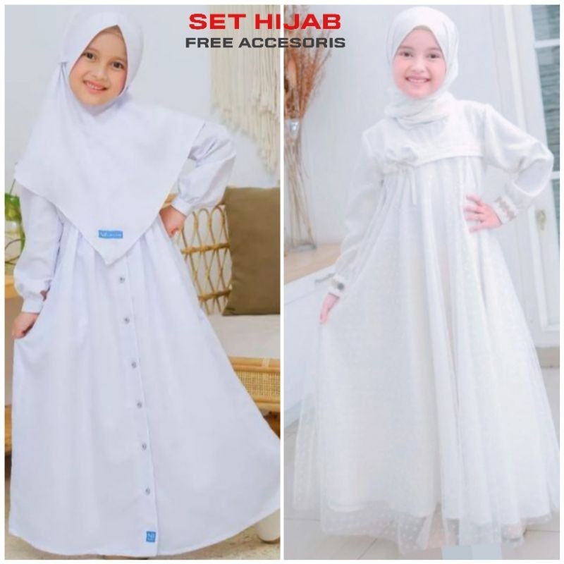 PROMO Set Jilbab Gamis Anak Putih Perempuan manasik Haji Ngaji Lebaran Umrah anak Tk 2024