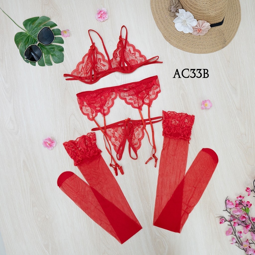 Bh Cd Bra Set + Sabuk Paha + Stocking Merah Ac33B