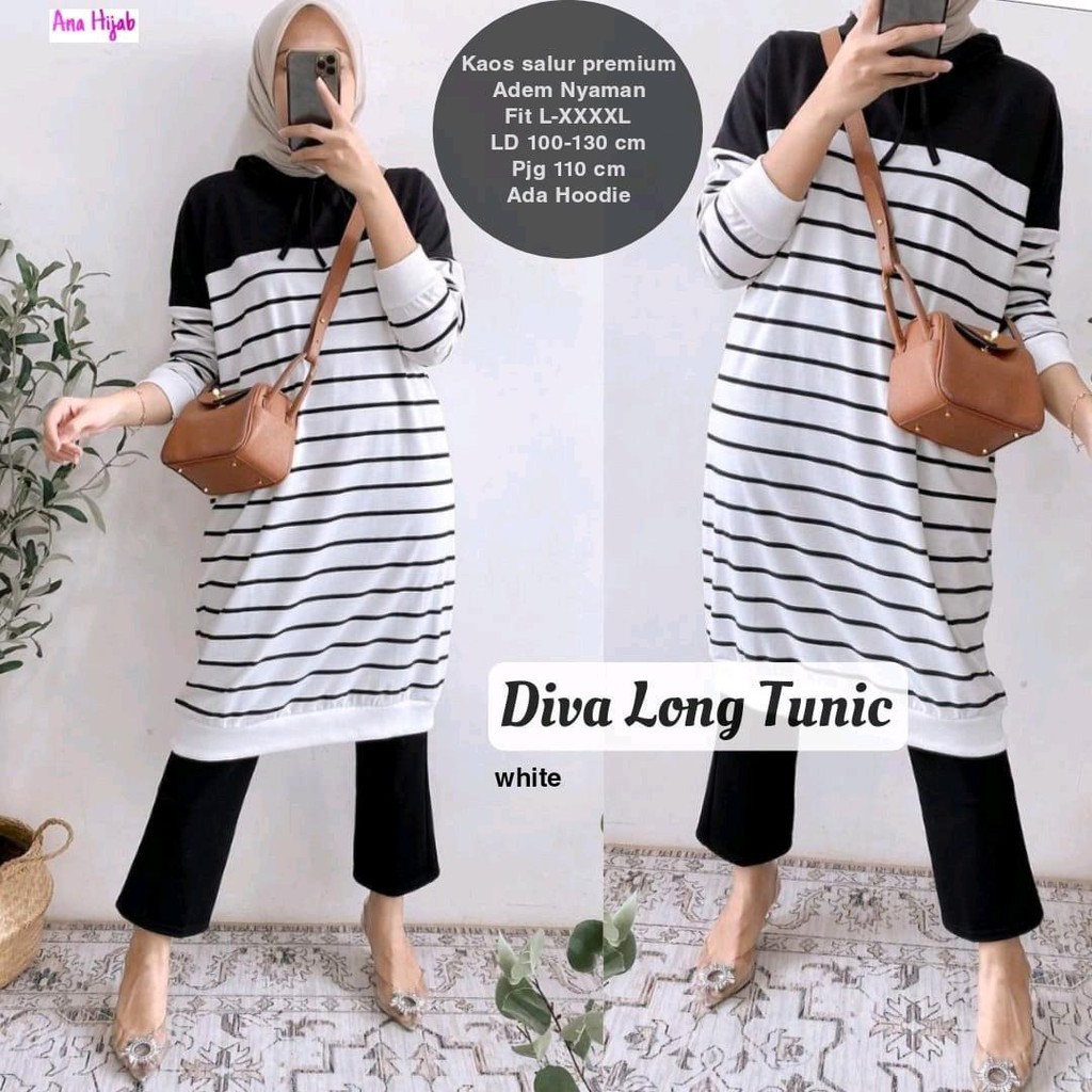 Diva Long Tunik Hoodie Motif Garis Stripe Premium