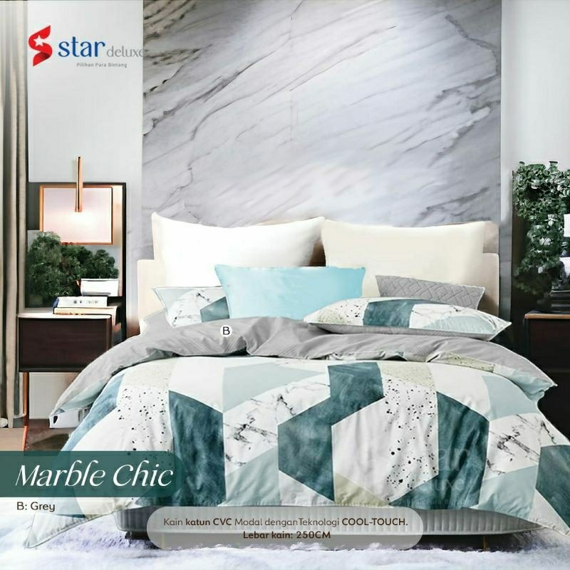 Bedcover + sprei anti geser katun star motif MARBLE CHIC mix polos || 2 variasi warna || hijau dan h