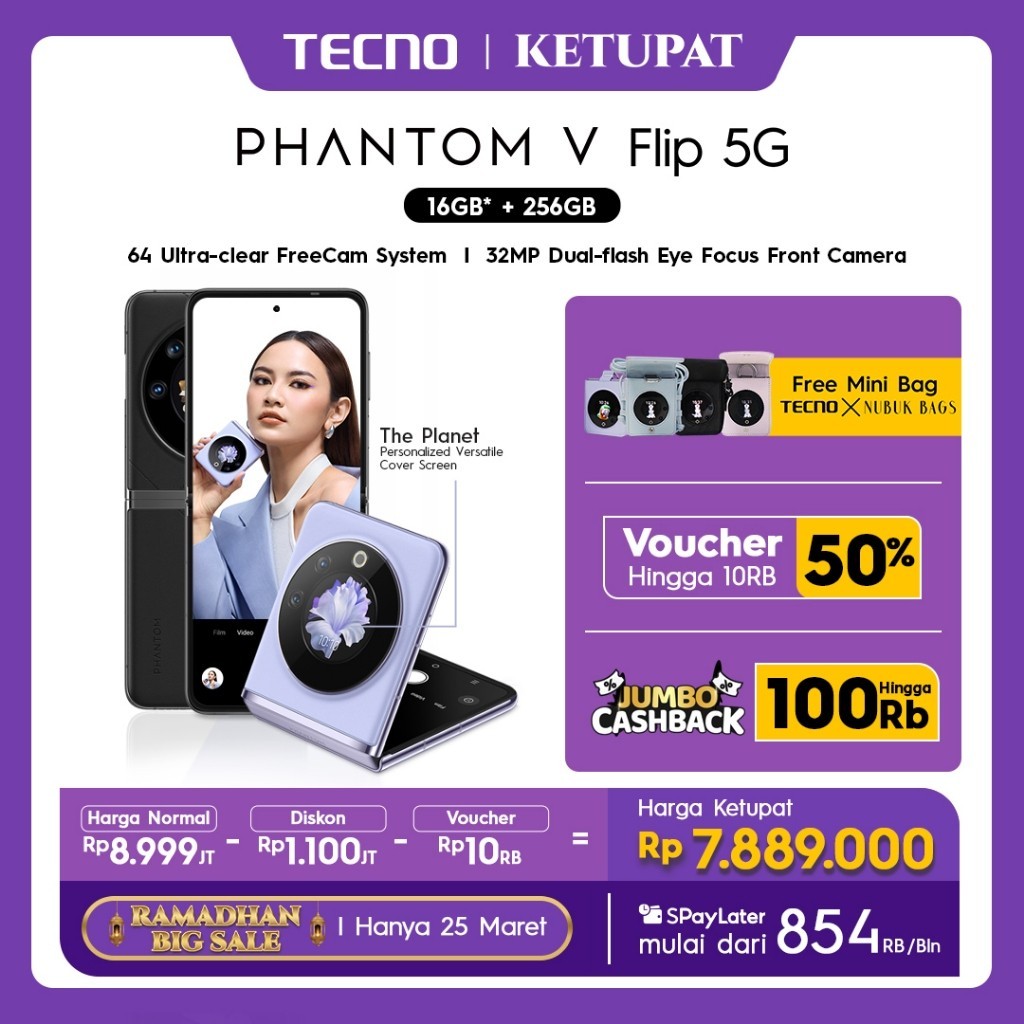 iA Ponsel TECNO PHANTOM V Flip 5G - 8+8GB*+256GB, 64MP Ultra-clear Cam, 120Hz Screen, 4000mAh+45W Fl