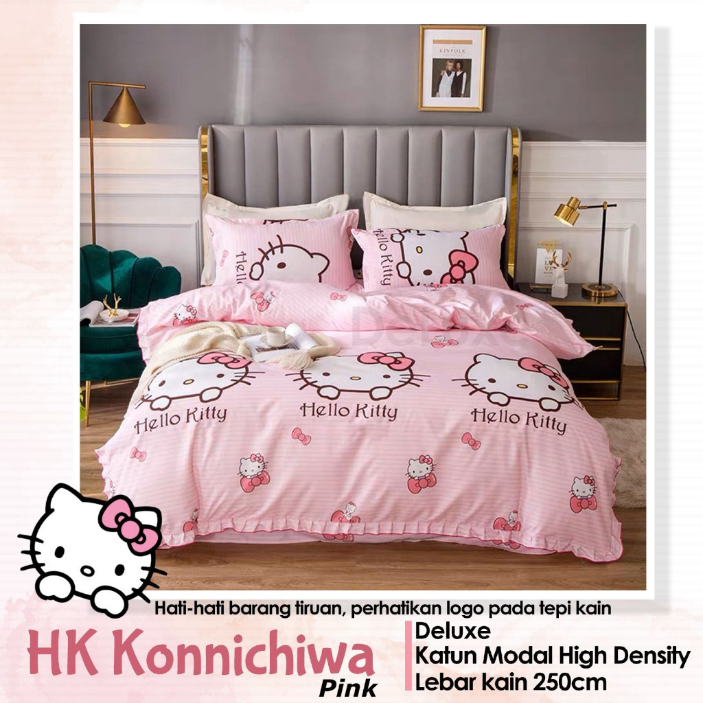Proven Sprei - Sprei Katun Lokal Beverly Motif HK Konichiwa Pink - Hello kitty