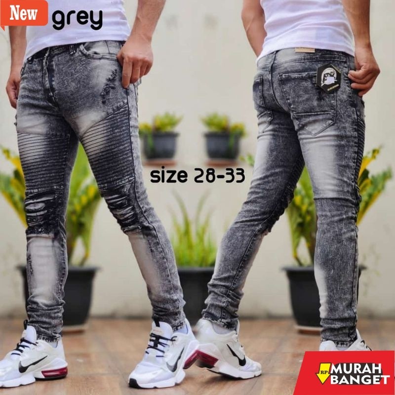 Celana denim pria- Celana Pria Jeans Bikers Hitam Polos Sobek Ripped