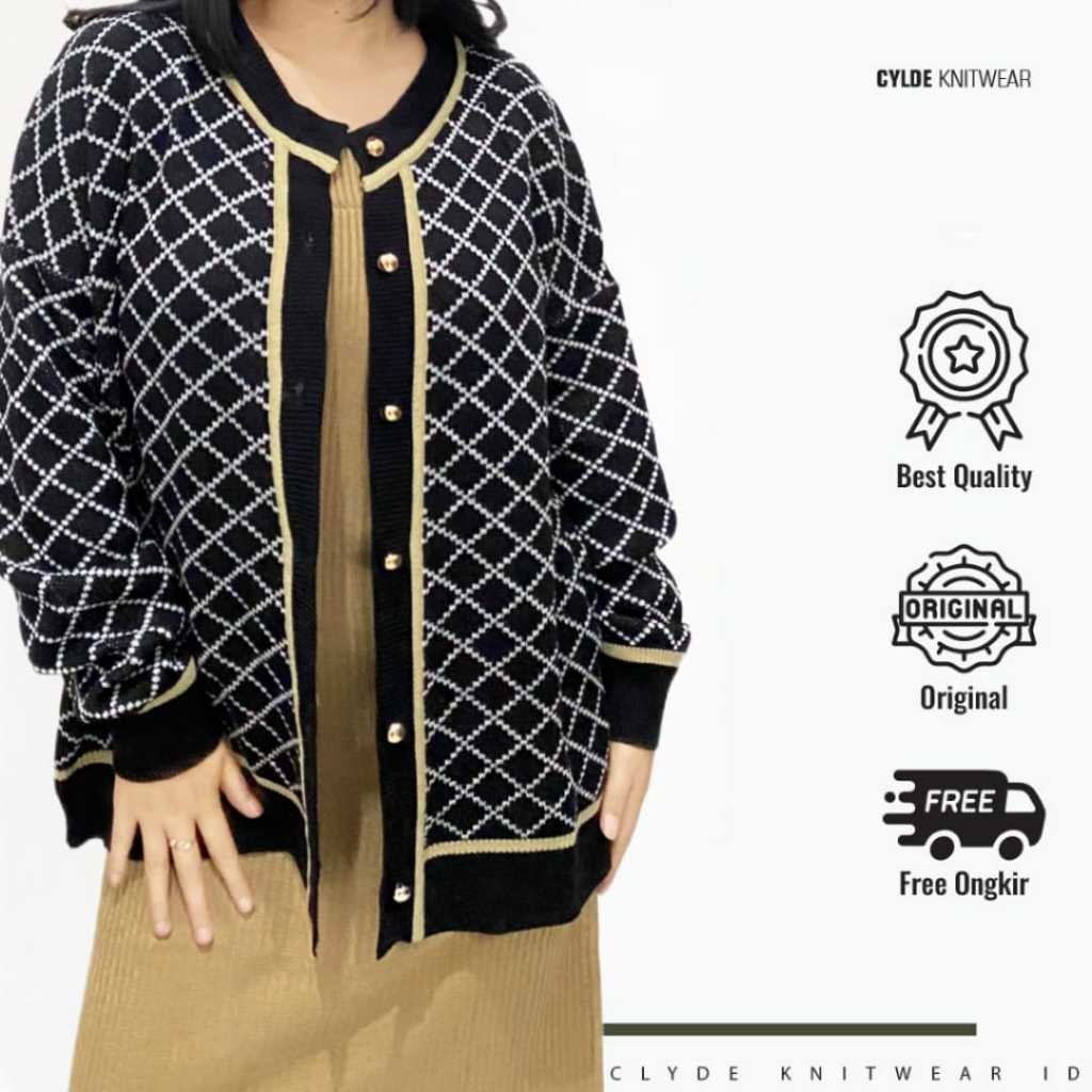 DE43W cardigan Rajut Model Blazer lisa oversize wanita motif kotak