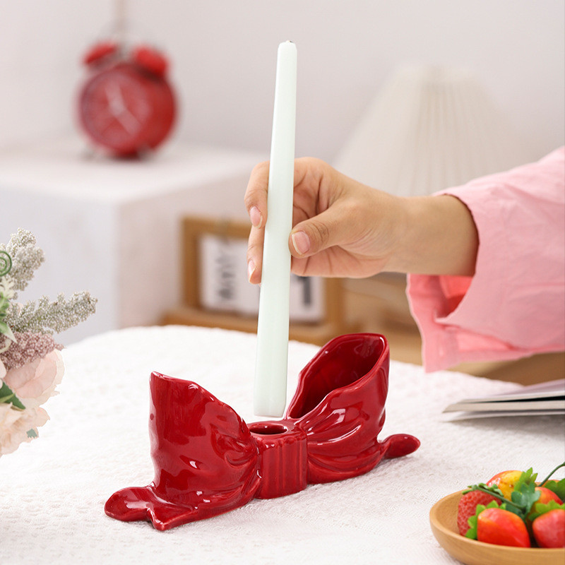 

Creative Bow Shaped Candle Holder Handmade Ceramics Candlestick Wedding Birthday Party Dinner Table Candle Stand Home Decor