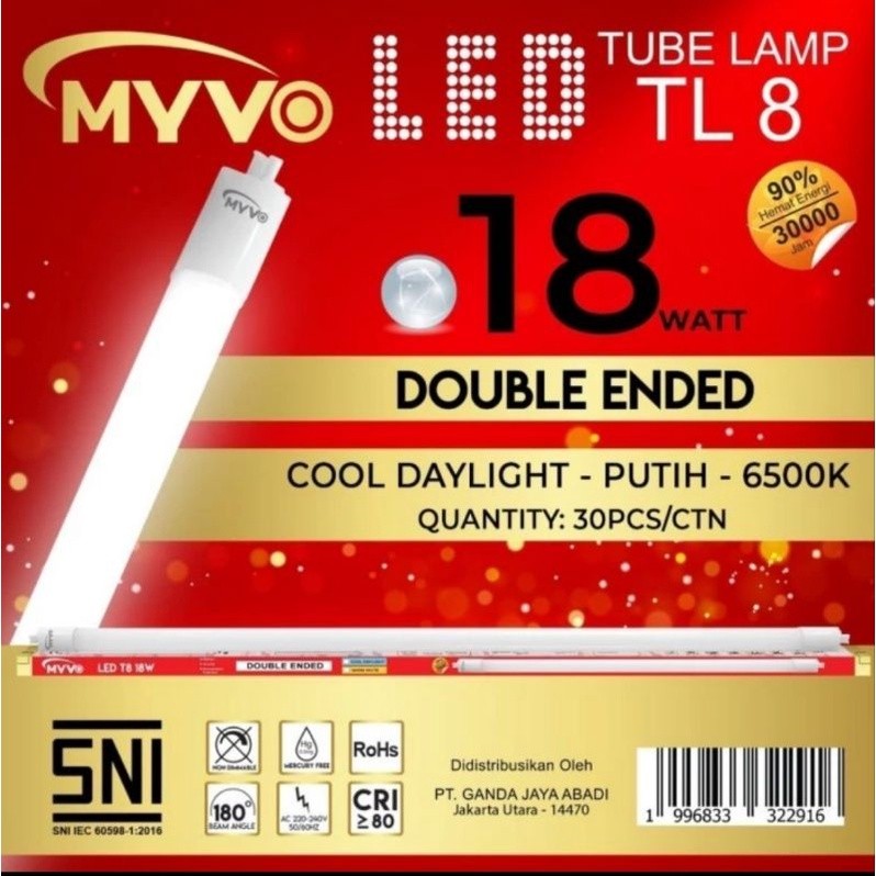 MYVO/HI-LED LAMPU LED TL NEON T8 18 WATT 120CM PUTIH HI-LED 1 ARAH / MYVO 2 ARAH SNI TOP QUALITY Ter
