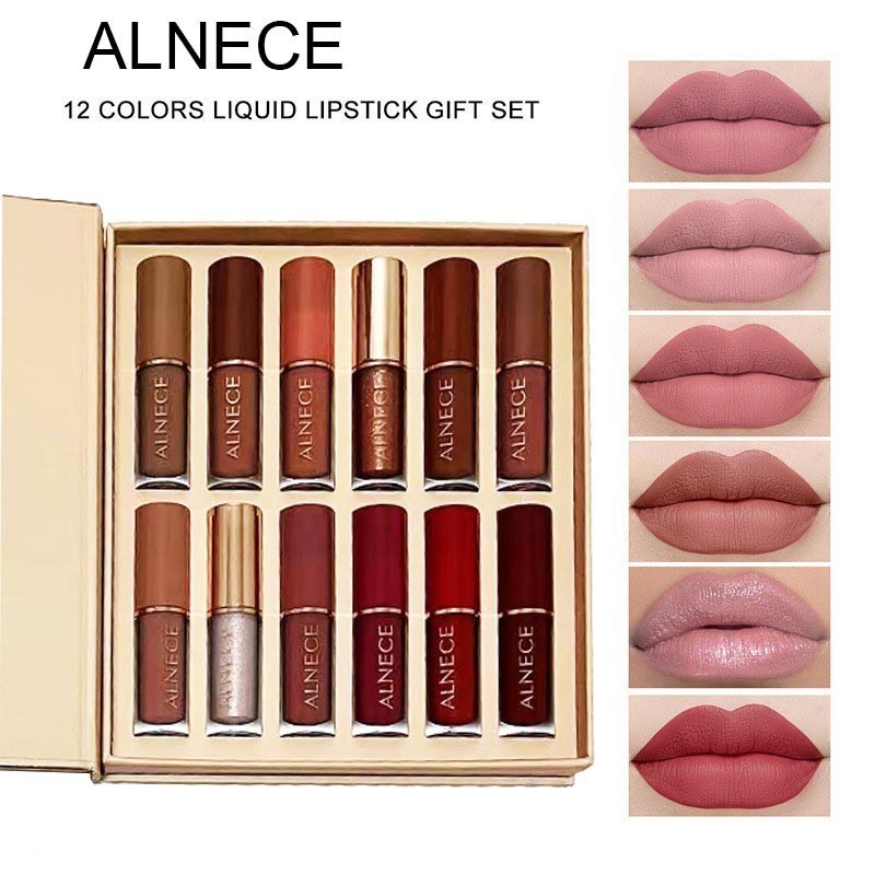 ALNECE 12 Warna Lipstik Set Lip Gloss Matte Piala Non -stick Lip Glaze Tahan Air
