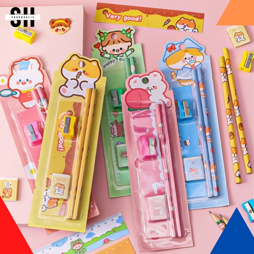 

paket alat tulis 5 in 1 set original impor buku & alat tulis 2 pensil penggaris penghapus dan rautan