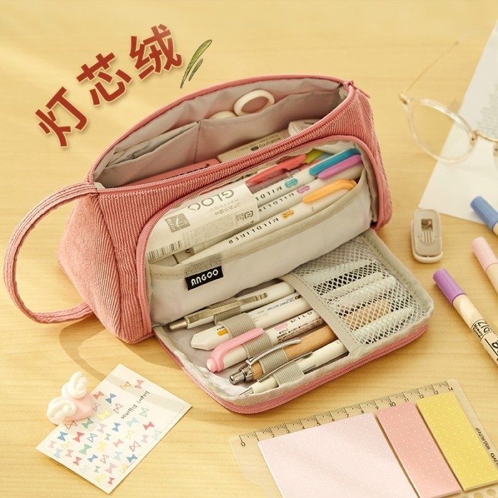 

PROMO!! -ANGOO Pencil Case Corduroi Tempat Pensil Angoo Korean Japan - Pink Salem