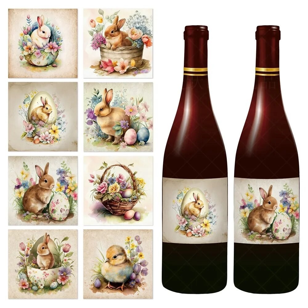 

9pcs Easter Day Party Decor Bottle Stickers Cartoon Bunny Colored Eggs Flower Basket Stickers Kids Happy Easter Day Party Decor
