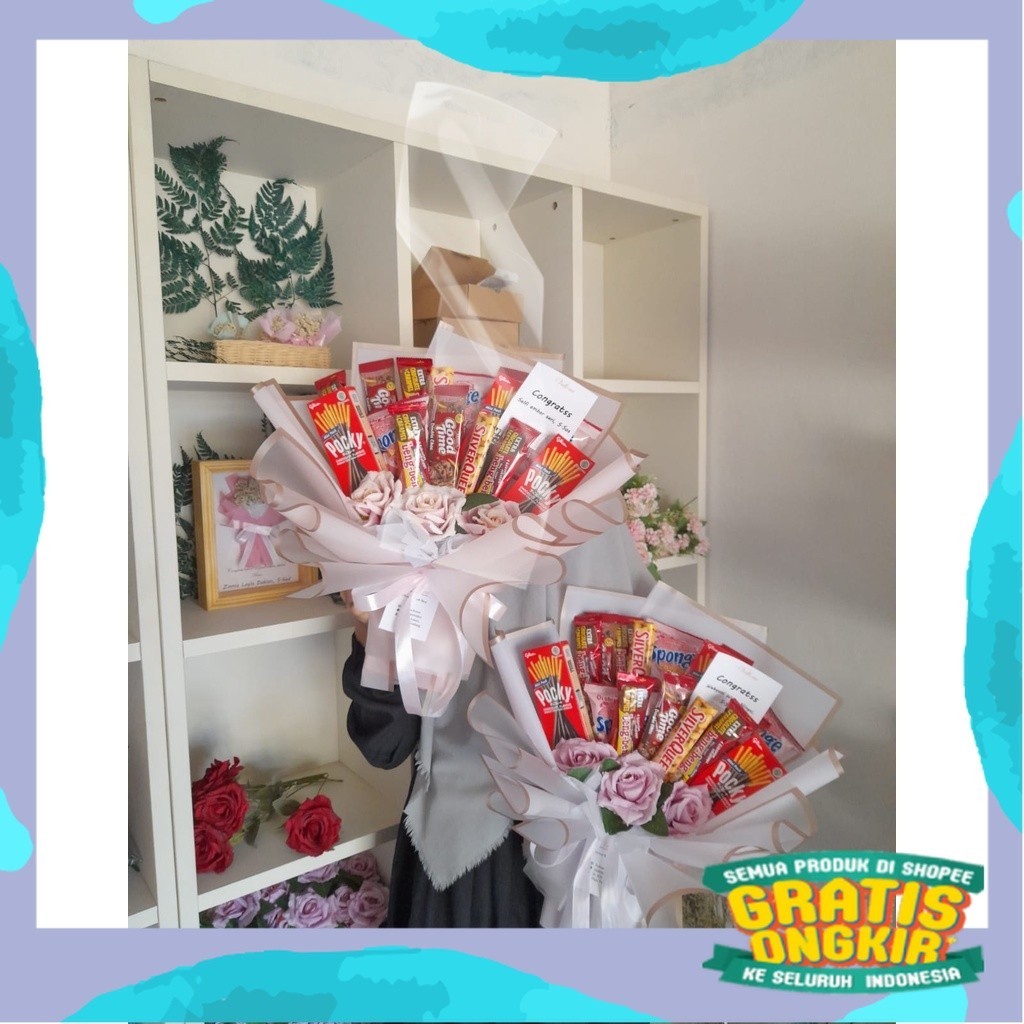 

Buket Snack/ Buket Wisuda/ Buket Pocky [ Pocky B]/ kuning coklat abu ungu sage
