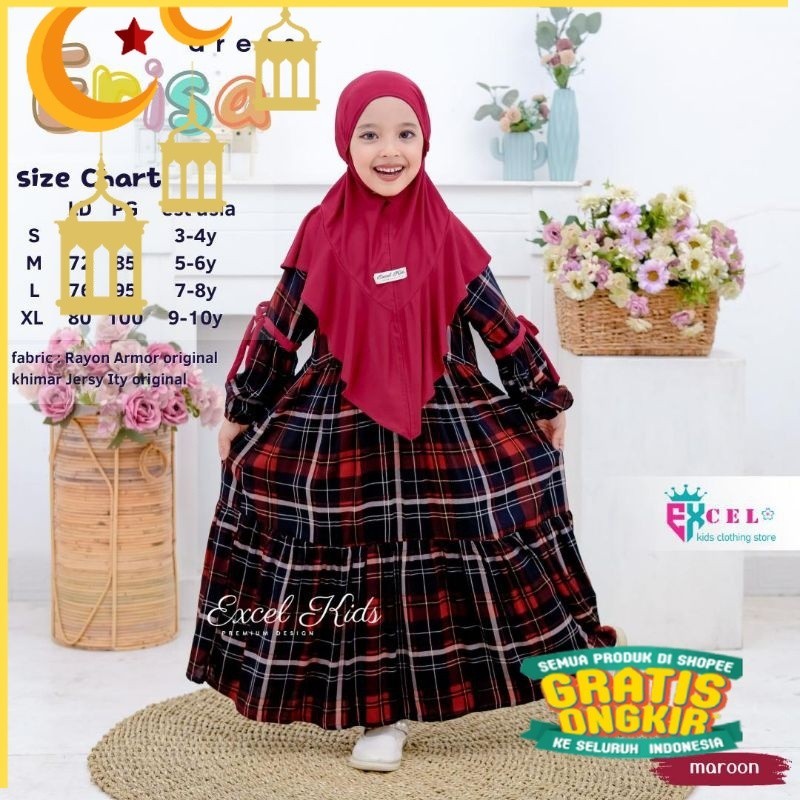 ERISA DRESS free jilbab Vol.1.2 ORI ECXEL KIDS | Setelan Anak (Gamis+Khimar)/Maron merah bata red an
