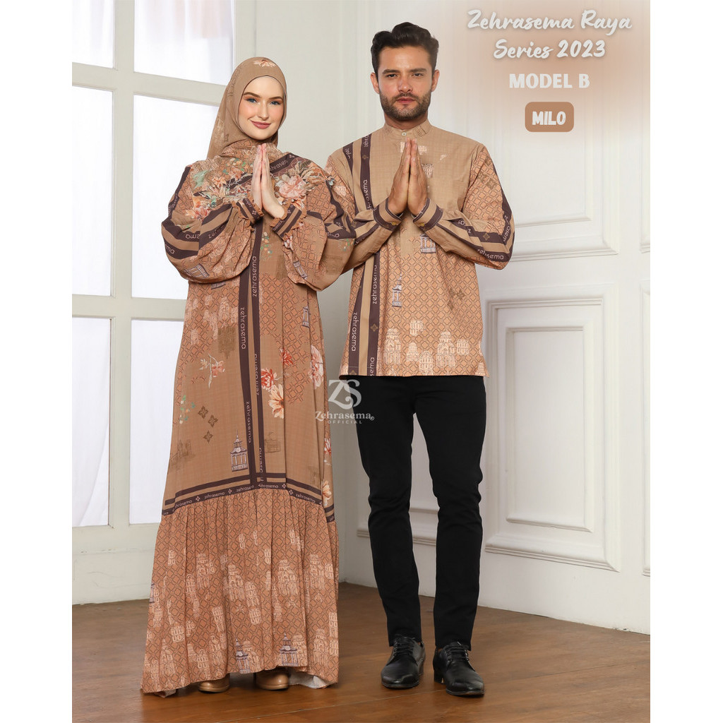Zehrasema Raya Series Warna Milo Couple Set Gamis Ceruty HQ Koko berpasangan family set