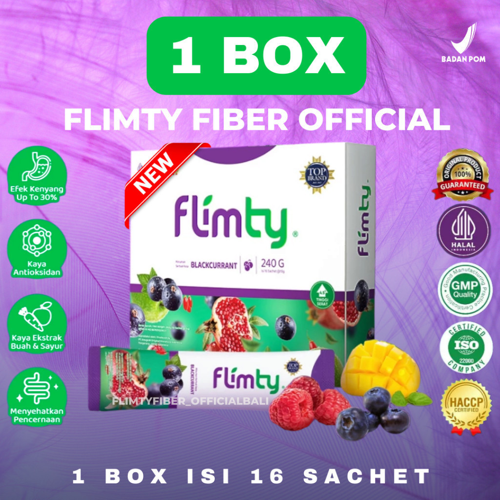 

NEW Flimty Fiber | Detox | Antidioksidan Rasa Blackcurrant - Raspberry - Mangga - 1 Box isi 16Sachet