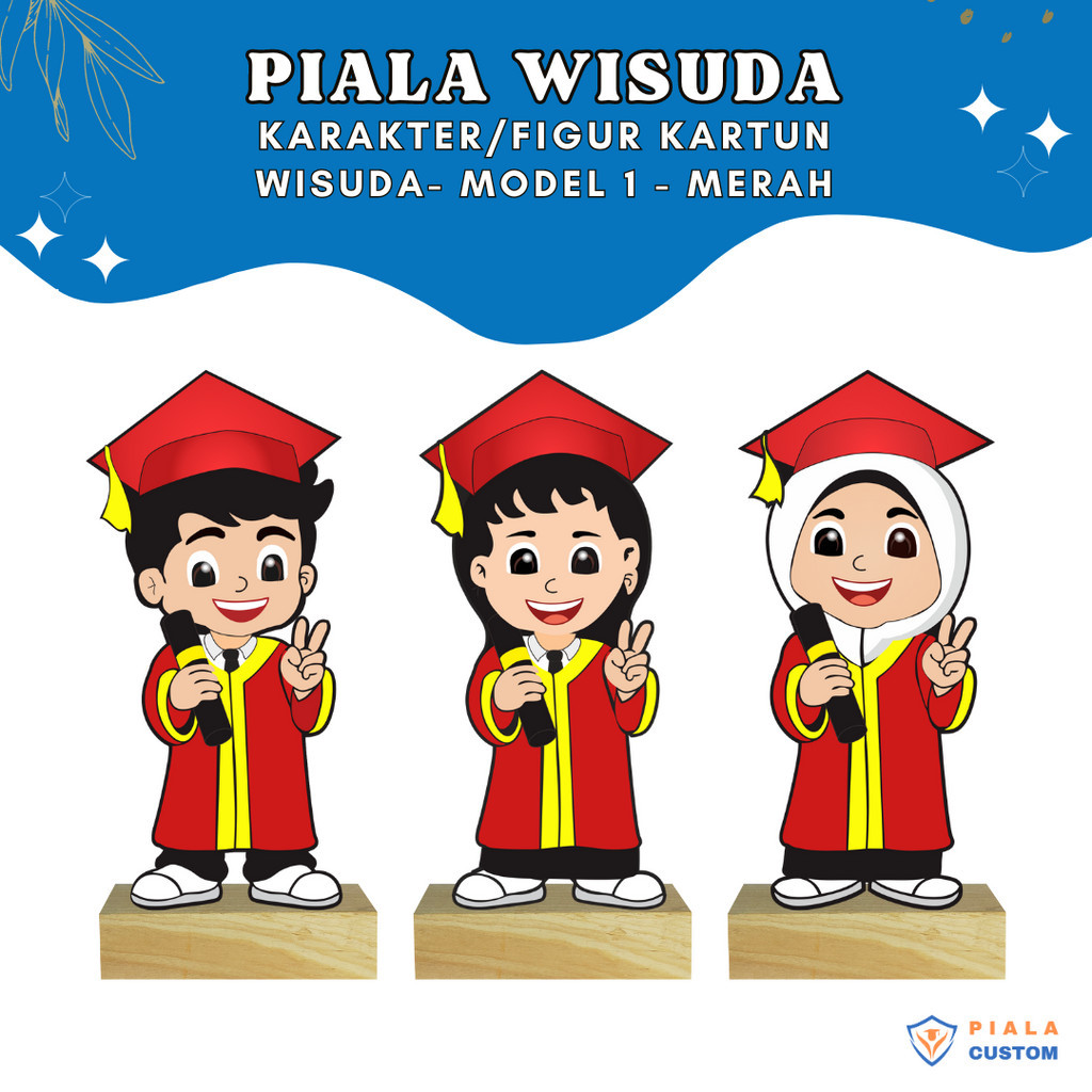 Model 1 Merah Tatakan Kayu Plakat Piala Wisuda Akrilik Anak TK / PAUD