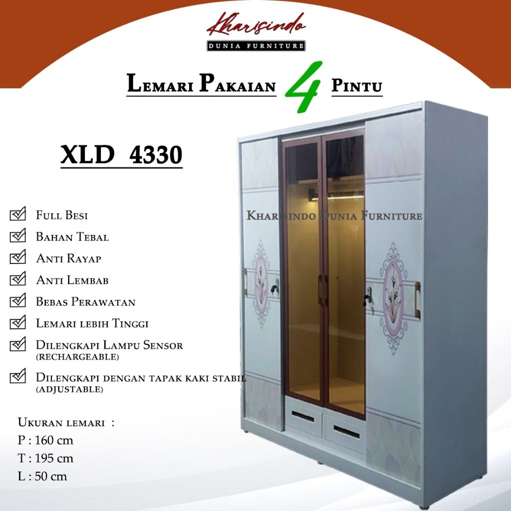 

PROMO SPESIAL Lemari pakaian 4 Pintu XLD 4330 ( 2 pintu Sliding + 2 pintu Swing ) FULL BESI / Dilengkapi Lampu sensor