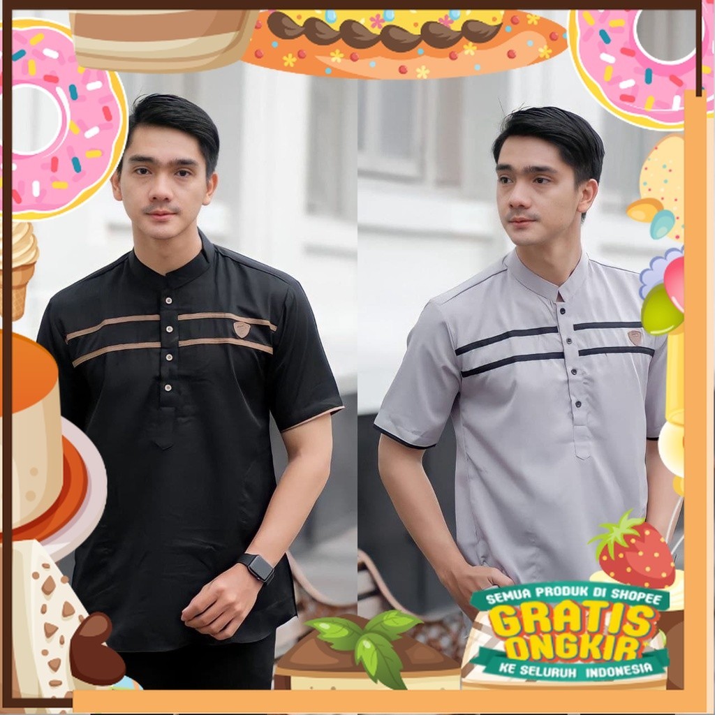 Baju Koko Kurta Lengan Pendek Baju Koko Fashion Muslim Pria Dewasa Terbaru Bahan Toyobo/Hijau lumut 