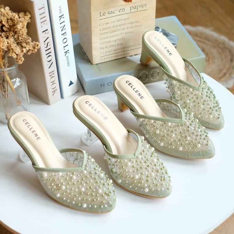 𝐂𝐄𝐋𝐋𝐄𝐍𝐄 Mi Sun Beads Heels / Wedding shoes green sage 5cm sepatu pengantin