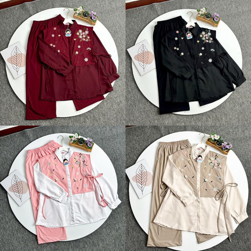 (SATU SET) BAJU ATASAN KEMEJA KERJA WANITA MIJI SET BORDIR