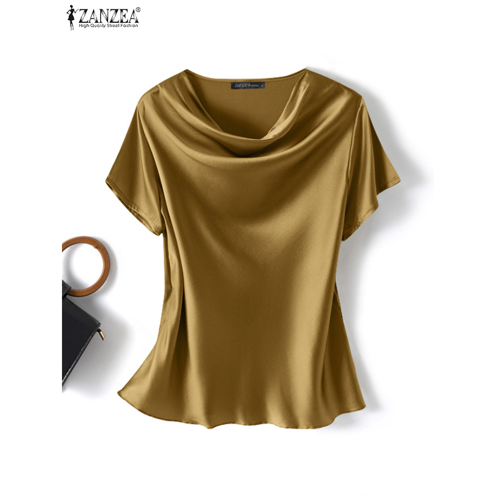 ZANZEA Women Short Sleeve Solid Shirt Summer Fashion Satin Blouse Female Casual OL Work Tunic Tops E