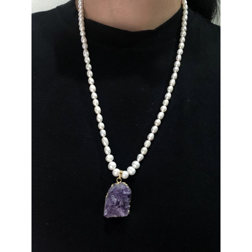 Kalung Mutiara dengan Liontin Batu Amethyst - Ellyhan Jewelry