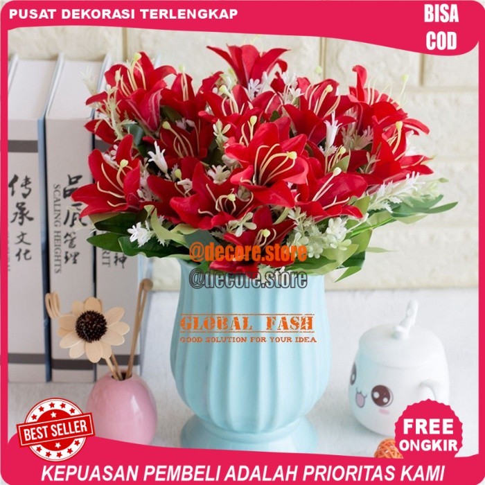 Cod Bunga Lily Hias / Bunga Artificial Lily / Tanaman Palsu Bunga Plastik - Merah
