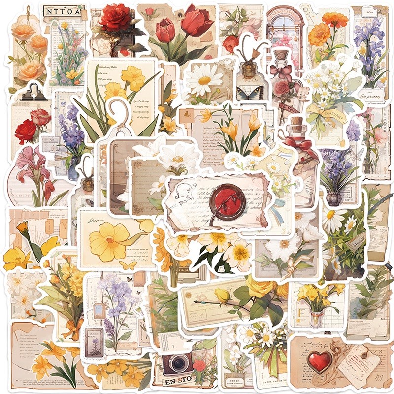 

10/30/50PCS Vintage Color Flower PVC Sticker Aesthetic Chidlren's Stationery Decoration Scrapbooking School Supplies for Kids