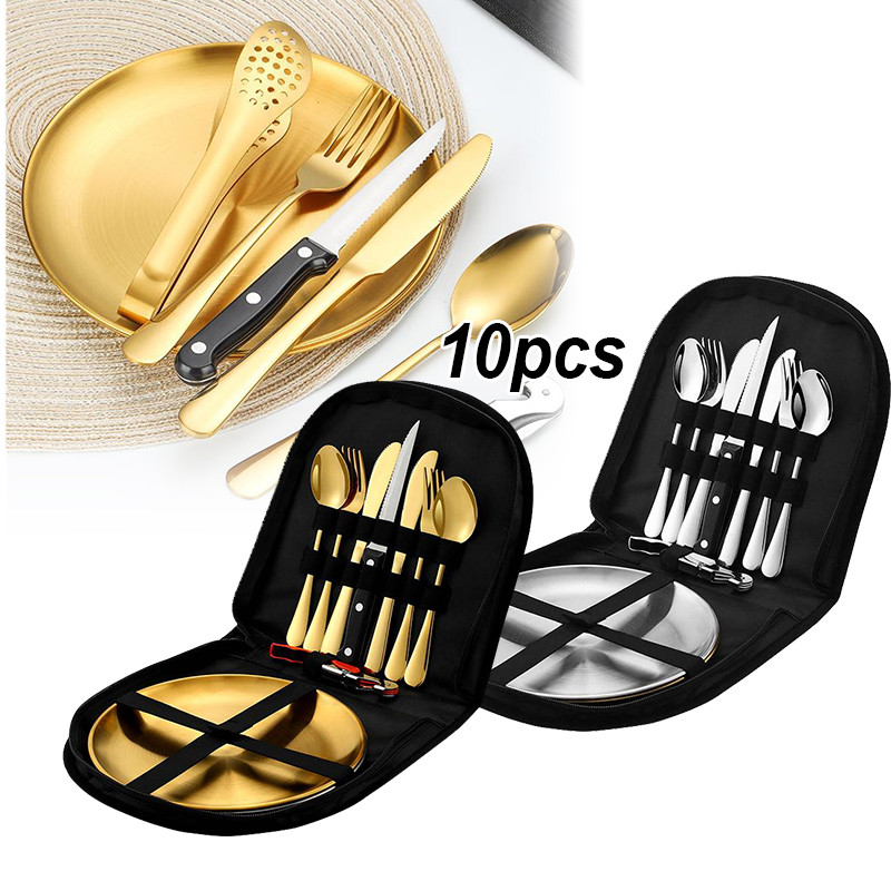 10pcs/set Alat Makan Camping Portable 2 Person Camping Alat Makan Set Traveling Stainless Cutlery Se