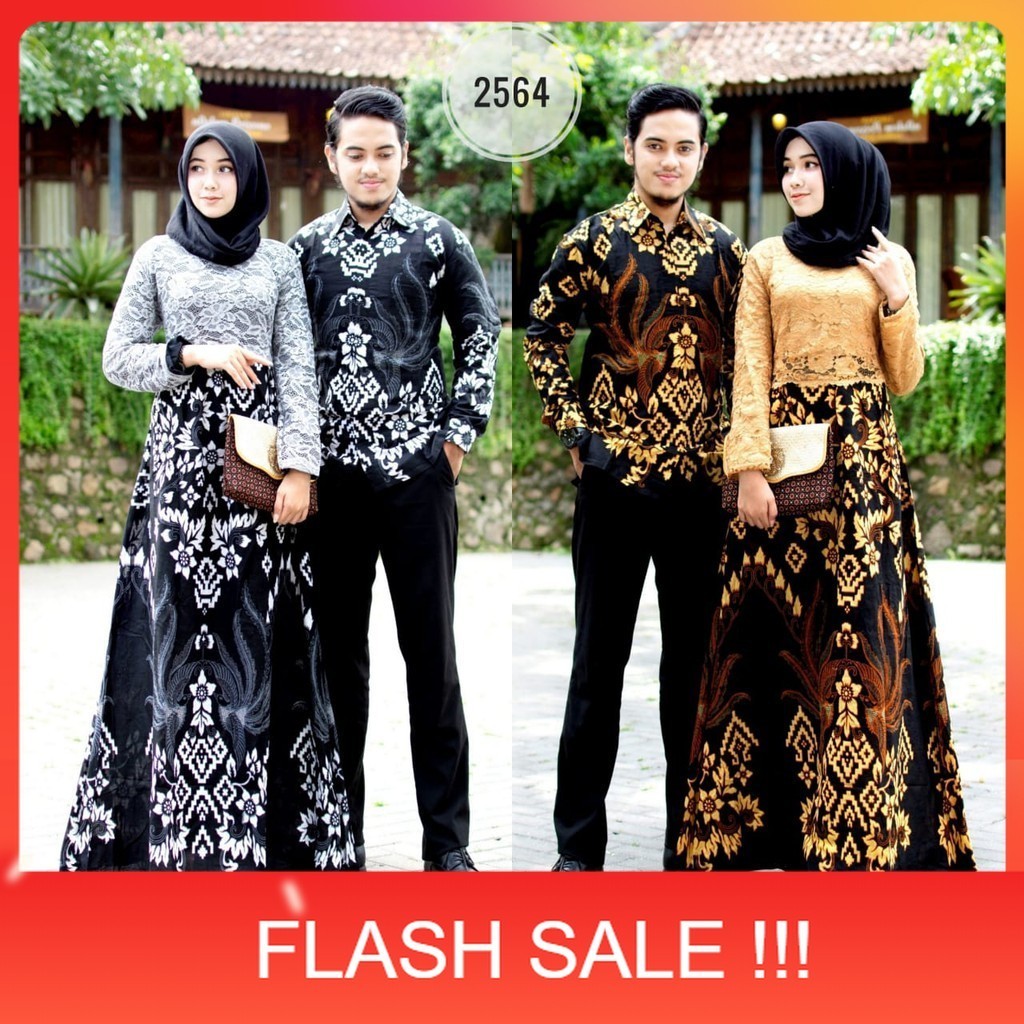 PROMO Baju Couple Pasangan Batik Dress Kondangan Gamis Brukat Corneli Kombinasi Batik Soga 2564 Sani