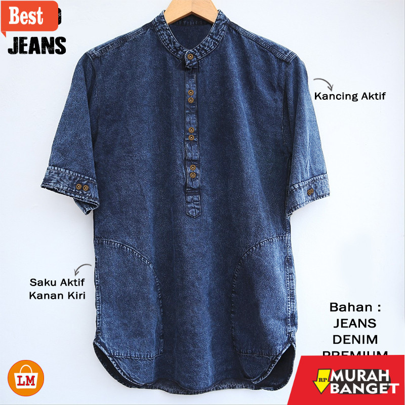 Baju muslim pria pendek- Baju Pria Muslim KOKO JEANS Bahan Jeans Denim Lengan Pendek Ukuran M - XXL 
