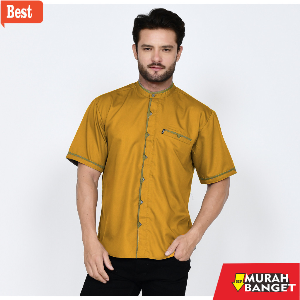 Baju muslim pria pendek- Baju Koko Pria Lengan Pendek Warna Mustard Terbaru Elrumi Motif Shaka